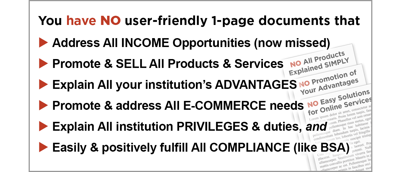Image with text: You have no user-friendly 1-page documents that address all your products and services