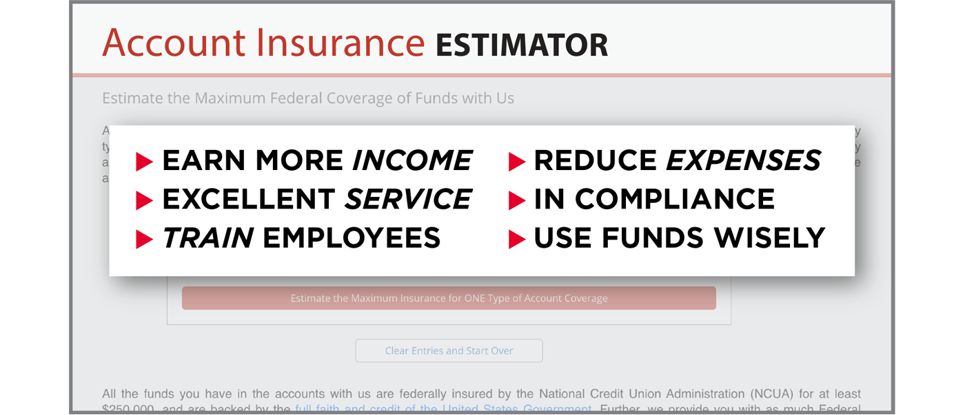 Image with Text - Account Insurance Estimator: More income, excellent service, train employees, reduce expenses, in compliance, use funds wisely.