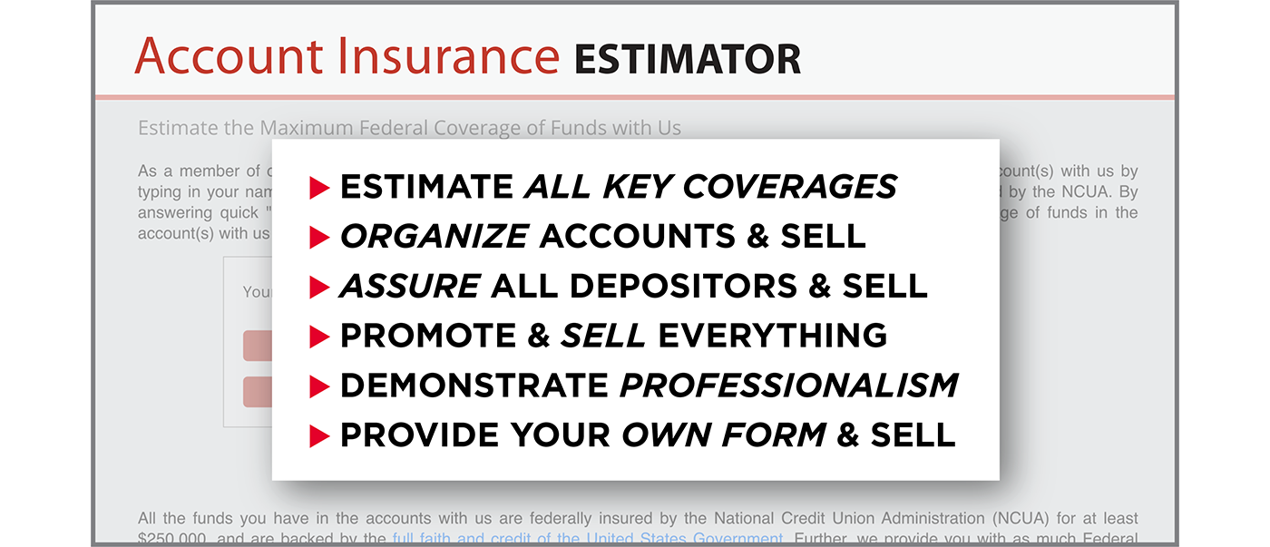 Account Insurance Estimator with text: Solutions for Promotion and Sales, Service Excellence, All Issues Research, Compliance & Audit, Explanations, Training Website Enhancement and Pays for Itself