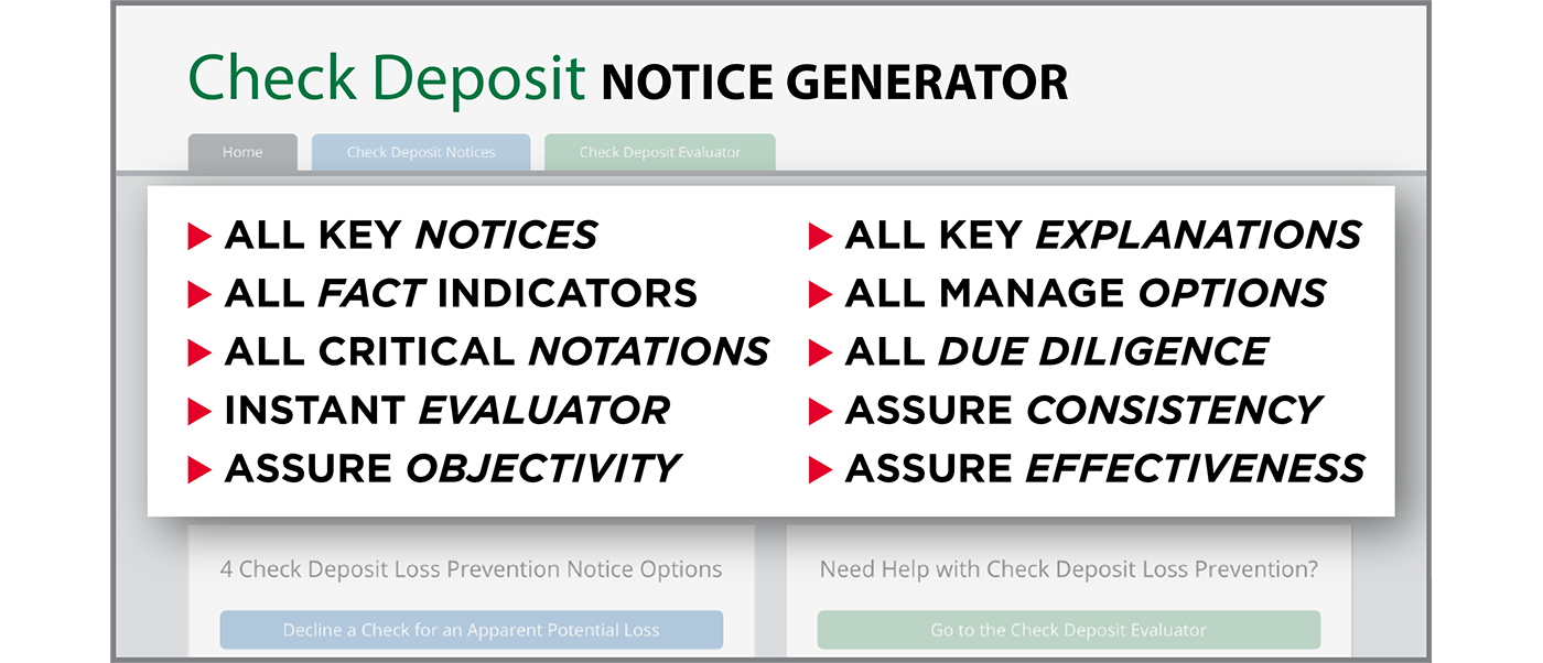 Image with text - Check Deposit Notice Generator: All Notices, Options, Explanations, Fact Indicators, Notations, Due Diligence. Instant Evaluator, Consistency and Objectivity