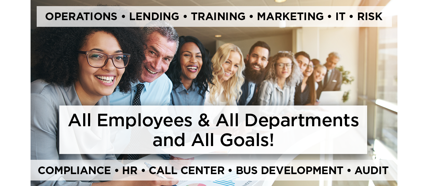 Group of Employees: Risk, Training, Lending, Operations, IT, Marketing, Compliance, HR, Call Center, Business Development and Audit